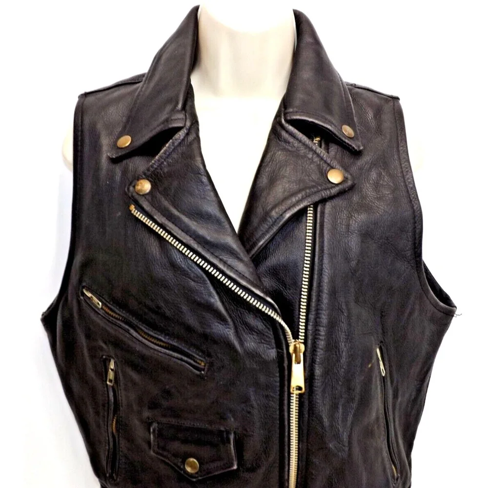 Leather Men Real Leather Heavy Black Motorcycle vest - LADIES size LARGE